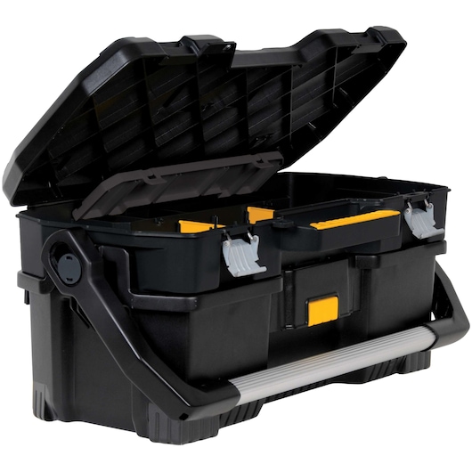 A black DEWALT toolbox with the lid open, showing internal compartments and metal latches. The toolbox has a large silver handle and yellow accents.