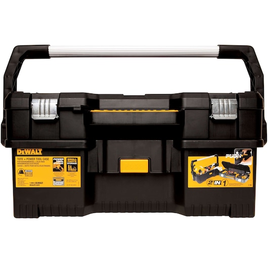 A DEWALT DWST24070 2-in-1 black and yellow power tool case, featuring a sturdy handle and metal latches, designed for storing and organizing tools and small parts.