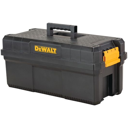 A black plastic toolbox with a yellow latch and a handle on top, branded with the DEWALT logo.