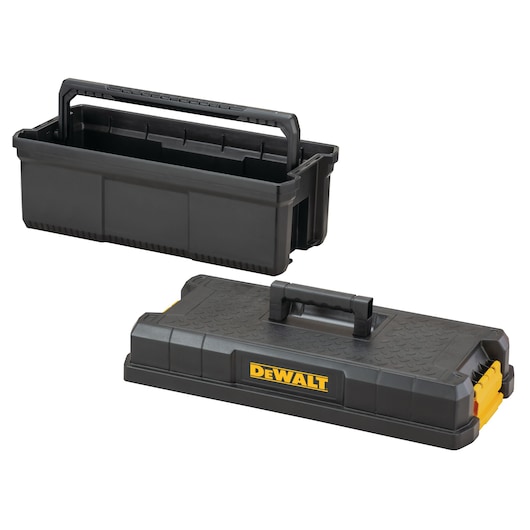Two black DEWALT storage containers are shown. One is an open toolbox with a handle, and the other is a closed hard case with a handle on top and the DEWALT logo on the side.