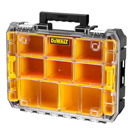 A DEWALT branded portable organizer case with a transparent lid and multiple yellow compartments, suitable for storing small tools or hardware. The case has a sturdy black handle for easy carrying.