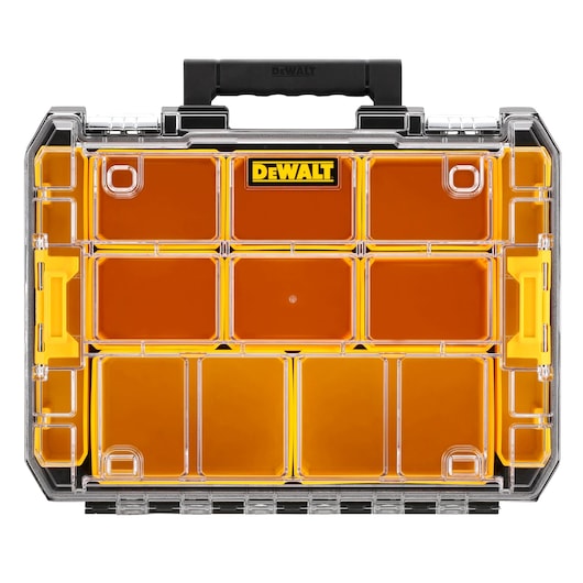 Front view of a DEWALT DWST82968-1 organizer case with a transparent lid, yellow interior, multiple storage compartments, and a black handle.