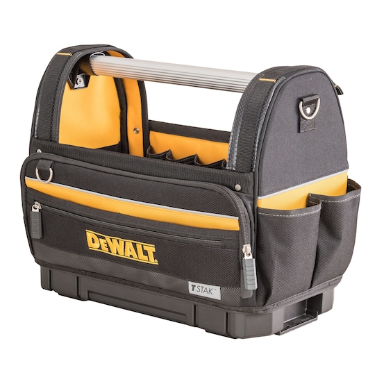 A DEWALT branded black and yellow tool bag with multiple pockets, a sturdy handle, and zippered compartments. The bag is designed for organizing and carrying tools.