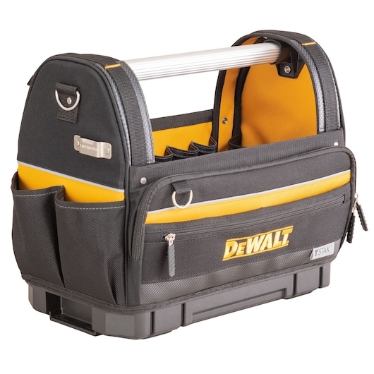 A DEWALT-branded black and yellow open tool bag with multiple pockets, a sturdy aluminium handle, front zippered compartment, and a hard base. The bag is suitable for organizing and carrying tools.