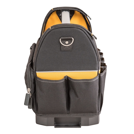 Front view of a DEWALT black and yellow tool bag with multiple pockets and a zipper compartment, designed for organizing and carrying tools.