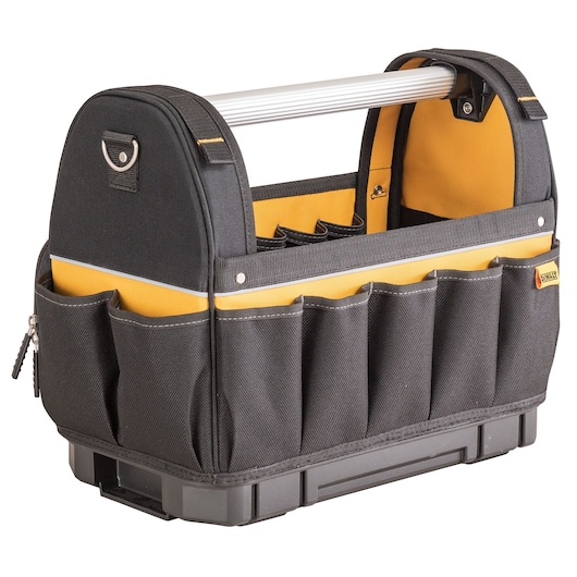 A DEWALT open-top tool bag with a sturdy metal handle, multiple exterior pockets, and a durable black and yellow fabric design. The base is reinforced and the bag is organized for easy access to tools.