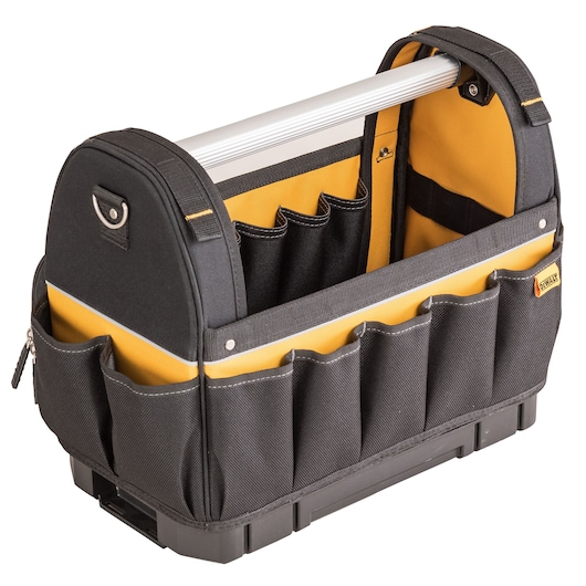 A DEWALT branded open-top tool bag with multiple external and internal pockets, a sturdy base, and a metallic carrying handle. The bag features black and yellow fabric and is designed for organizing and transporting tools.