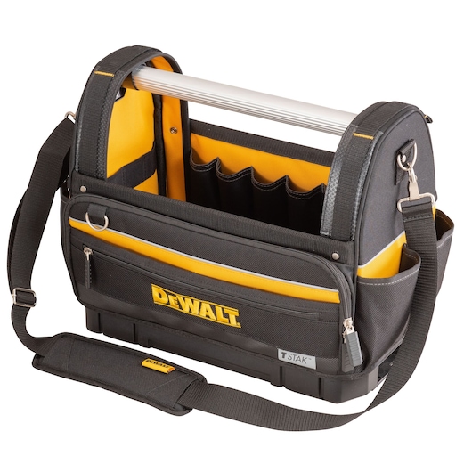 A black and yellow DEWALT tool bag with multiple compartments, an aluminum handle, and a shoulder strap.