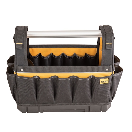 A black and yellow DEWALT tool bag with multiple exterior and interior pockets, featuring a sturdy metal handle for carrying. The bag is designed to organize and transport tools efficiently.
