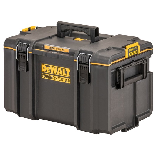 DEWALT ToughSystem 2.0 black toolbox with handles and latches for secure storage and transport.