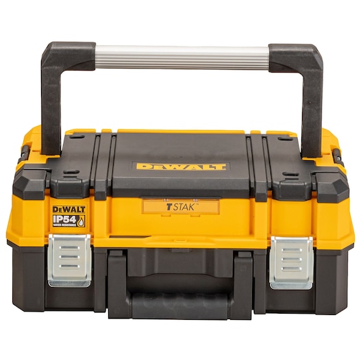 A DEWALT TSTAK IP54 water-resistant tool storage box with a sturdy handle, yellow and black body, and metal latches, shown from the front.