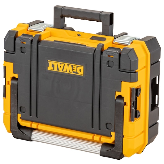 A DEWALT branded black and yellow hard plastic toolbox with a sturdy handle and metal latches, designed for secure storage and transport of tools.