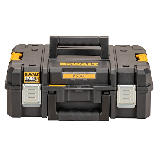 Front view of a DEWALT TSTAK IP54 water-resistant tool storage box, made of black and yellow plastic with metal latches and carrying handle.