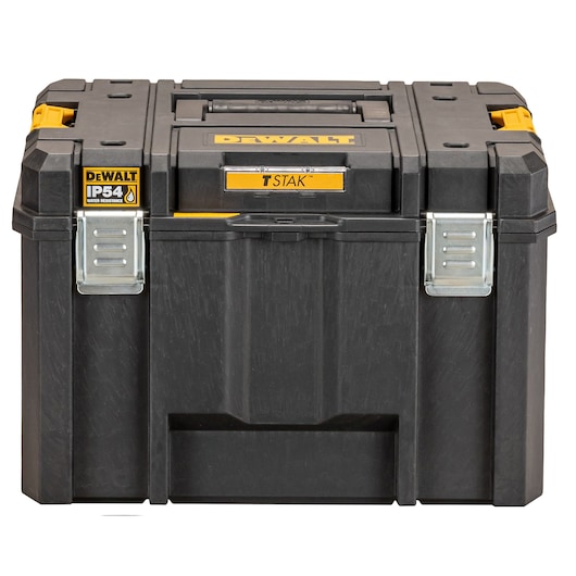 A DEWALT T-STAK IP54 water resistant tool storage box in black, featuring a sturdy design with metal latches and yellow accents.