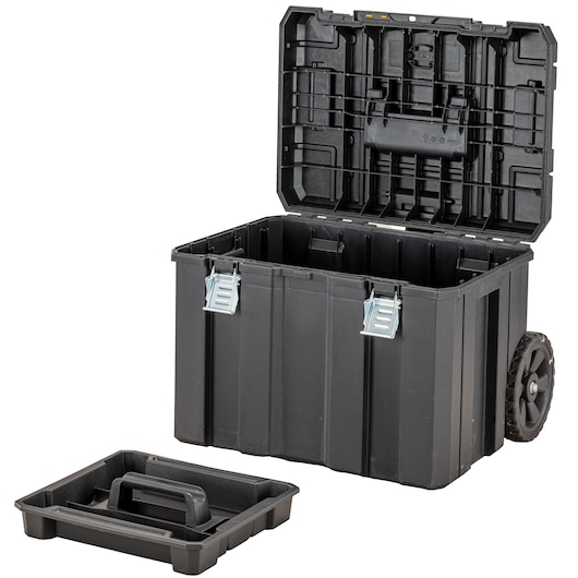 A large black DEWALT rolling toolbox with an open lid, two metal latches on the front, and a removable tray placed beside it. The toolbox features two sturdy wheels for easy transport.
