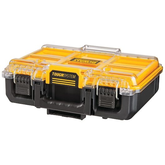 A DEWALT ToughSystem plastic tool case with a transparent lid, yellow accents, black base, and secure latches, designed for durable storage and transportation of tools.