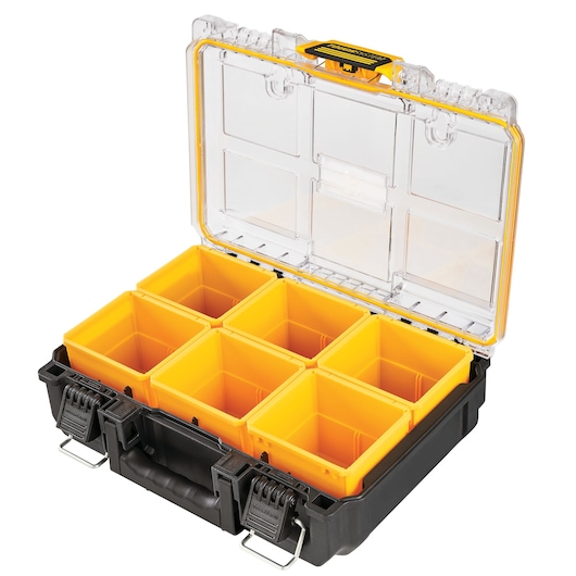 A DEWALT storage organizer with six yellow removable compartments and a transparent lid, designed for holding small tools or accessories.