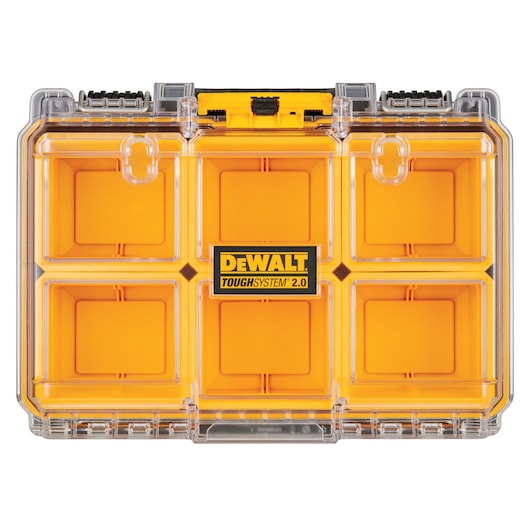 Front view of a DEWALT ToughSystem 2.0 organizer with a transparent lid and six yellow storage compartments.