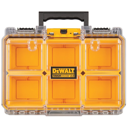 Front view of a DEWALT ToughSystem 2.0 organizer box with a black handle. The organizer has six yellow compartments with clear lids, and features the DEWALT logo in the center.