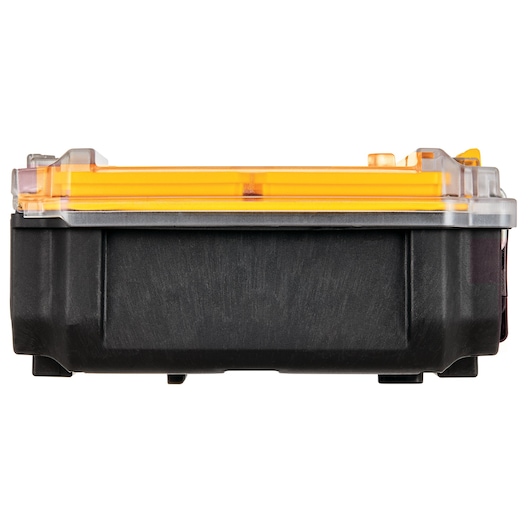 Front view of a DEWALT DWST83392-1 black storage case with a transparent lid and yellow accents.