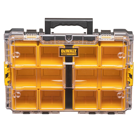 Front view of a DEWALT ToughSystem 2.0 organizer with a clear lid, black handle, yellow compartments, and secure latches.