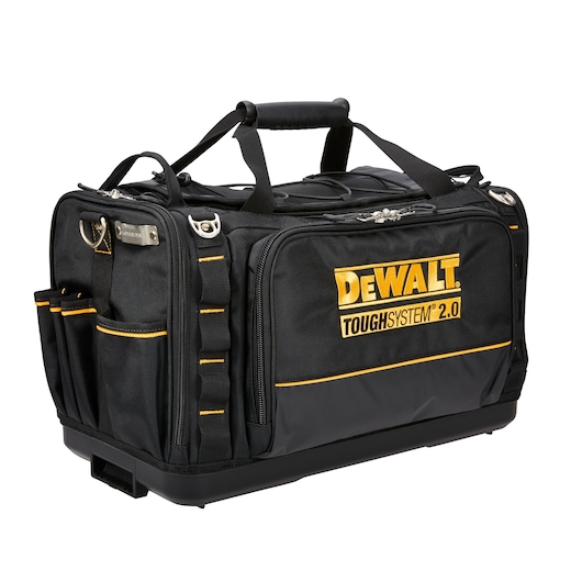 A black and yellow DEWALT ToughSystem 2.0 tool bag with multiple pockets, sturdy handles, and reinforced corners.
