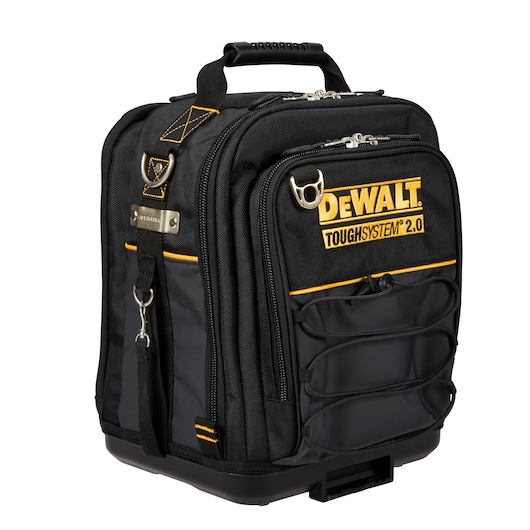 A black DEWALT ToughSystem 2.0 backpack with multiple compartments, zippers, straps, and a padded carrying handle, designed for durable storage and transportation.