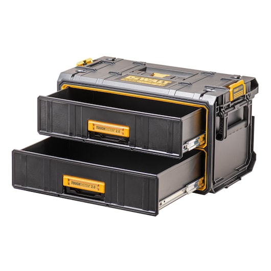 A DEWALT ToughSystem 2.0 storage unit featuring two open black and yellow drawers, designed for durable tool and equipment storage.