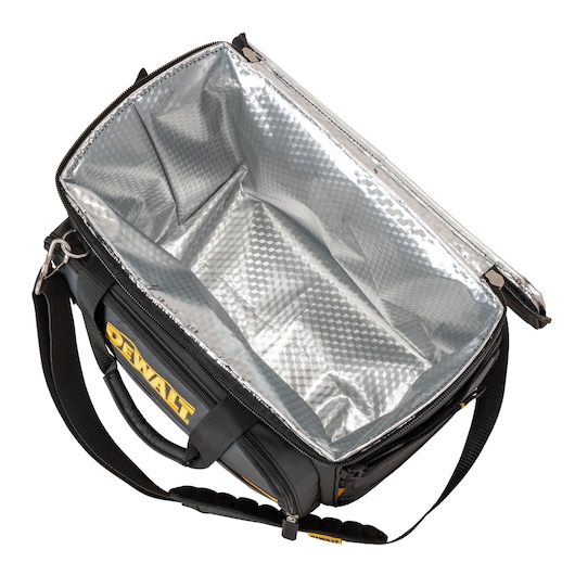 Top view of a DEWALT insulated carrying bag with an open zipper, showing the inner reflective silver lining. The bag features a black body with a yellow DEWALT logo and a shoulder strap.