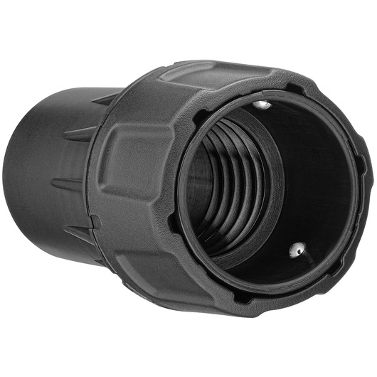 A close-up image of a black plastic threaded adapter component, designed for use with DEWALT products. The adapter features a ridged exterior and interior threading.