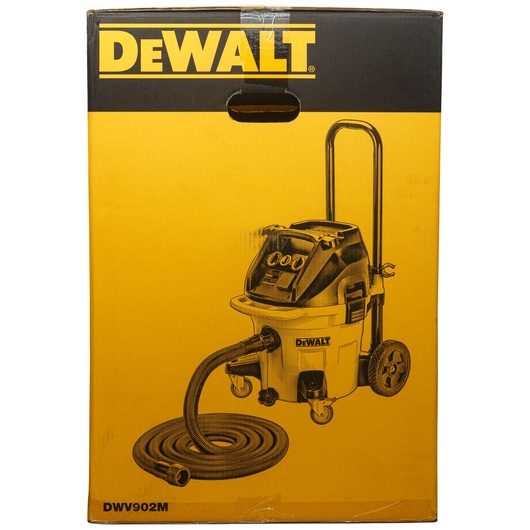 Packaging box of a DEWALT DWV902M wet/dry vacuum cleaner, featuring a large vacuum unit with wheels, handle, and hose on a yellow background.