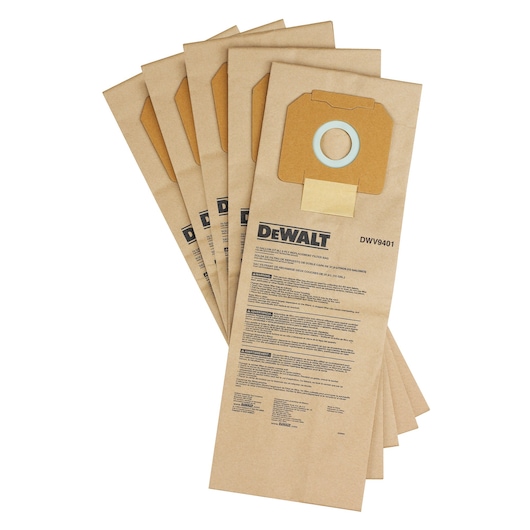 A set of five DEWALT DWV9401 replacement filter bags made of brown paper, fanned out. Each bag is labeled with product information and features a cardboard collar with a circular opening.