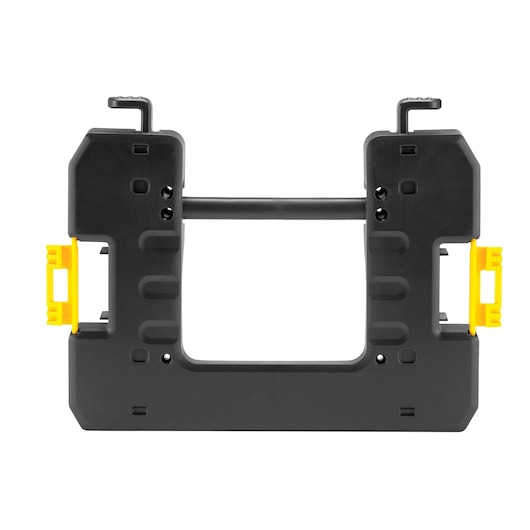 A rectangular black plastic DEWALT accessory with yellow clips on both sides, designed for attaching to compatible equipment. The product has a central bar and multiple mounting points.