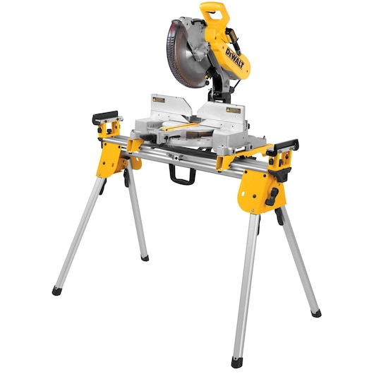 A DEWALT miter saw mounted on a yellow and silver foldable stand, featuring adjustable clamps and legs for stability, shown against a white background.