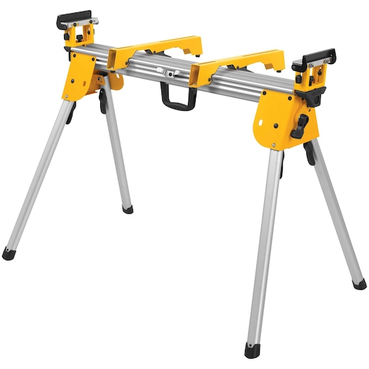 Portable aluminum miter saw stand with foldable legs, yellow and silver in color, designed for supporting saws and materials during cutting tasks.