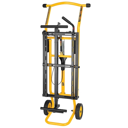 A yellow and black DEWALT rolling tool stand with two wheels, upright and folded for compact storage, intended for supporting tools or equipment in photography or workshop settings.