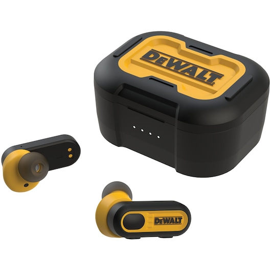 A pair of yellow and black wireless earbuds with a charging case featuring the DEWALT logo.