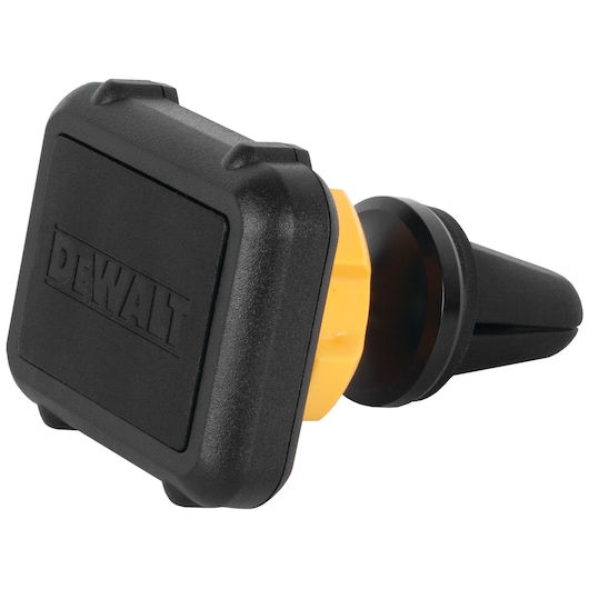 A DEWALT branded black and yellow magnetic phone mount, designed to clip onto a car air vent for hands-free phone holding.
