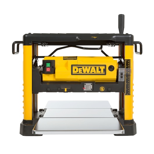 Front view of a DEWALT DW733 woodworking planer with a yellow and black design and metal table.