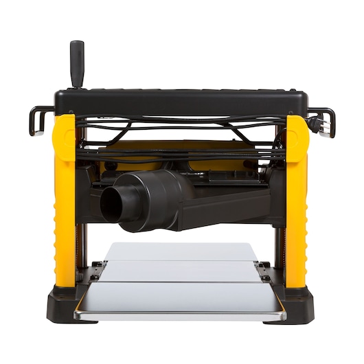 Front view of a DEWALT DW733 benchtop planer in yellow and black, showing its flat infeed and outfeed tables and central dust extraction port.