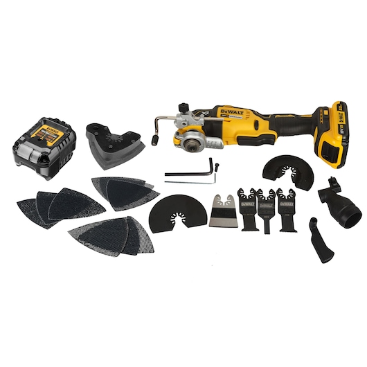 Oscillating multi tool and accessories with x1 2.0AH battery and DCB1102 charger