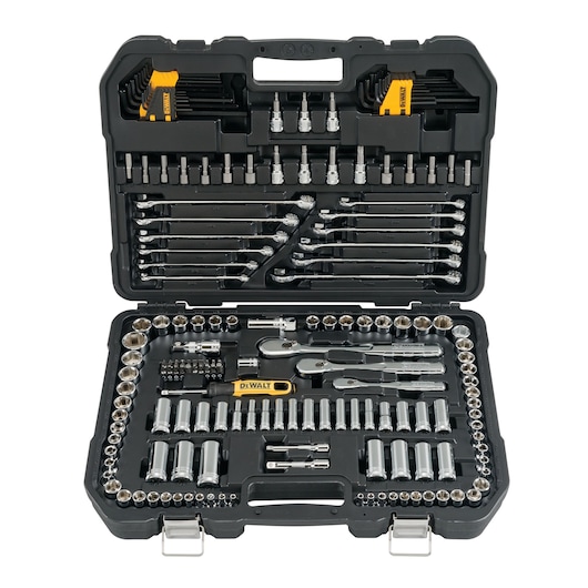 DEWALT 173 piece Mechanics tools assembled in a case.