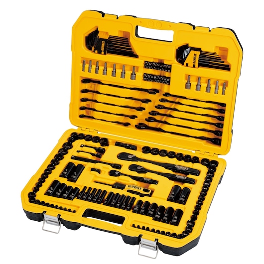 DEWALT 184 piece black chrome mechanics tool set assembled in its case.