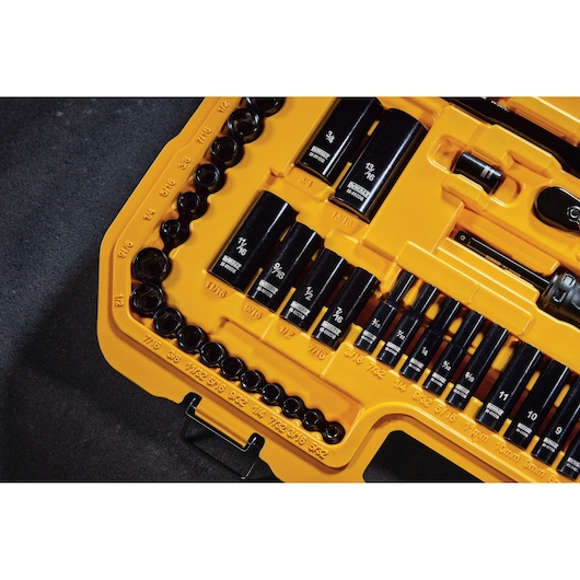 Close up of DEWALT 184 piece black chrome mechanics tool set assembled in its case.