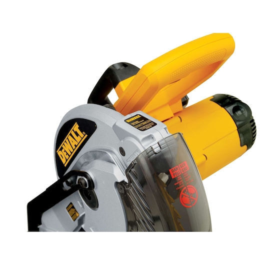 Close up of miter saw L E D worklight system.