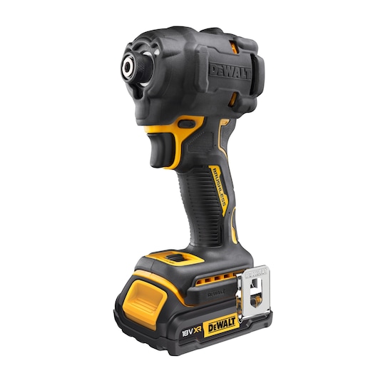 A DEWALT cordless impact driver tool with an 18V XR battery pack. The device features black and yellow colors, a compact brushless design, and a belt clip on the side.