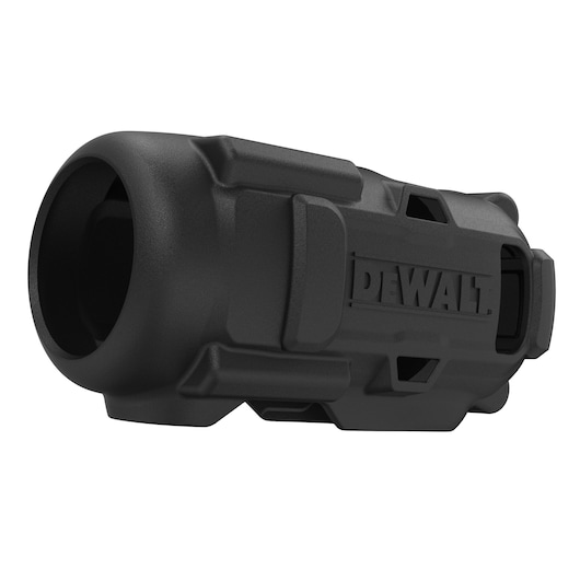 A close-up view of a black DEWALT branded camera accessory or protective cover, designed with a rugged exterior and a cylindrical shape.