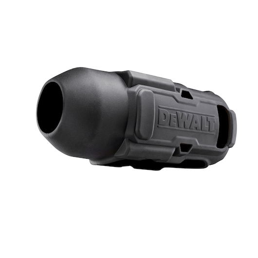 A black plastic DEWALT camera or tool protector case, featuring a cylindrical shape with the DEWALT brand name engraved on the side.