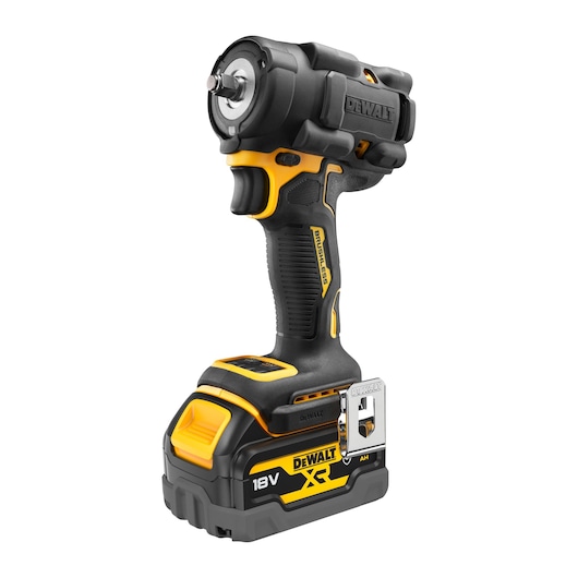 DEWALT 18V cordless impact wrench with brushless motor, black and yellow, battery attached.
